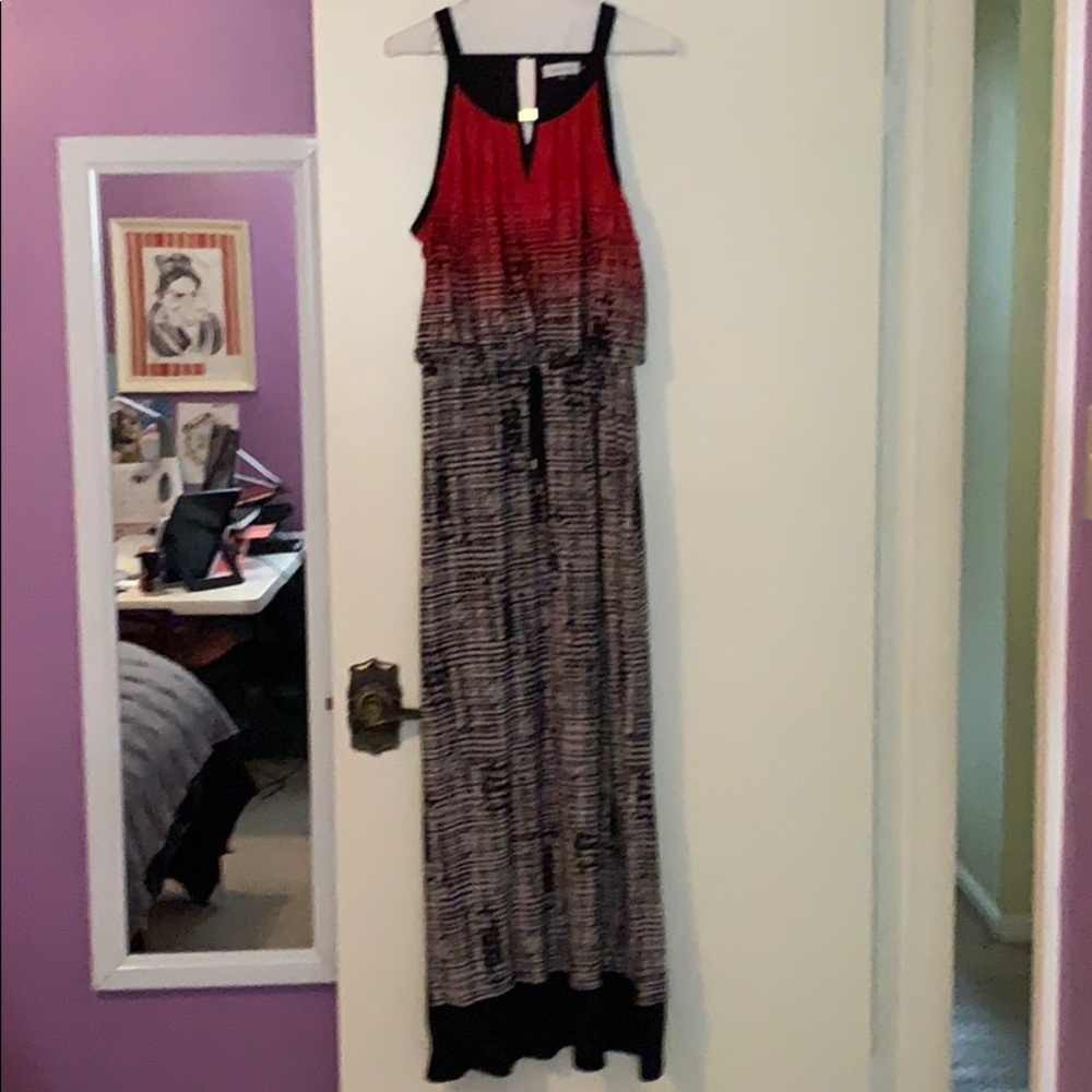 Calvin Klein maxi dress in orange black and cream.